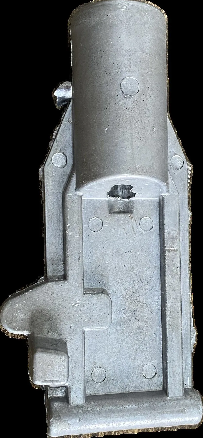 Tall aluminium die-cast housing body with cylindrical boss
